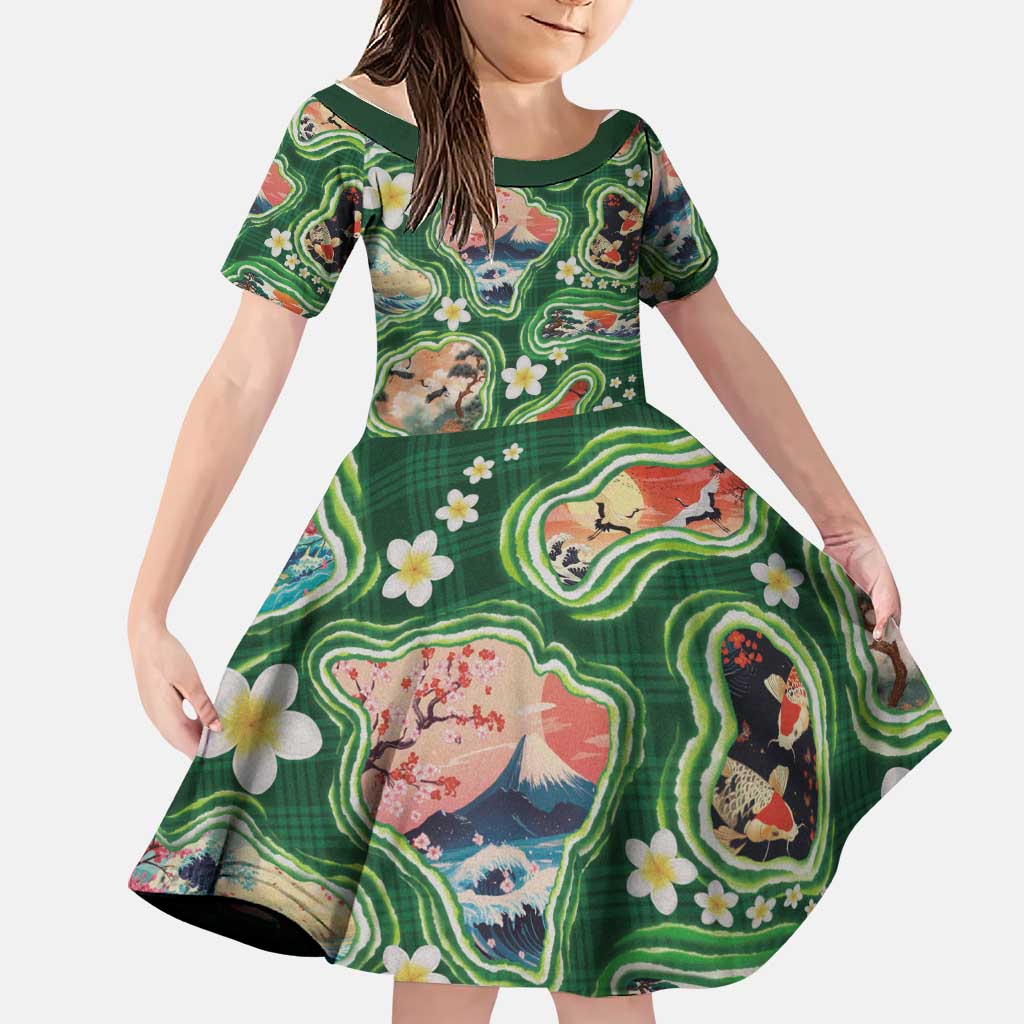 Hawaiian and Japanese Culture Together Family Matching Short Sleeve Bodycon Dress and Hawaiian Shirt Hawaiian Island Shapes with Japanese Landscape Green Color LT03 Daughter's Dress Green - Polynesian Pride