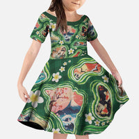 Hawaiian and Japanese Culture Together Family Matching Short Sleeve Bodycon Dress and Hawaiian Shirt Hawaiian Island Shapes with Japanese Landscape Green Color LT03 Daughter's Dress Green - Polynesian Pride