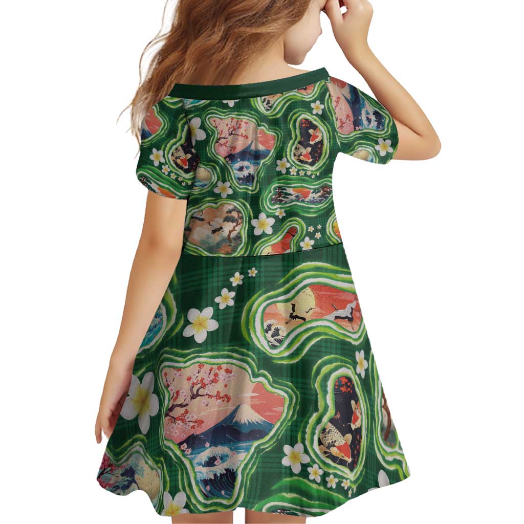 Hawaiian and Japanese Culture Together Family Matching Short Sleeve Bodycon Dress and Hawaiian Shirt Hawaiian Island Shapes with Japanese Landscape Green Color LT03 - Polynesian Pride