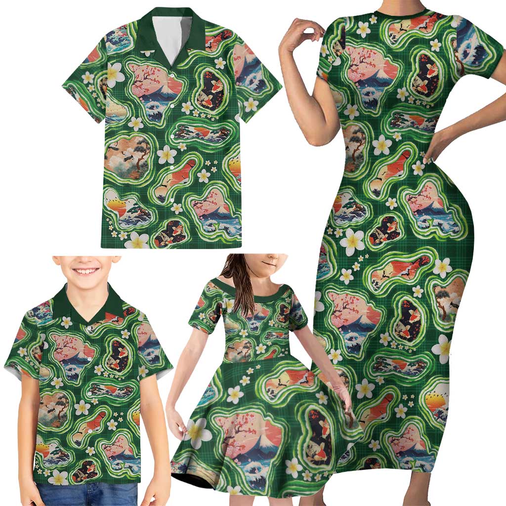 Hawaiian and Japanese Culture Together Family Matching Short Sleeve Bodycon Dress and Hawaiian Shirt Hawaiian Island Shapes with Japanese Landscape Green Color LT03 - Polynesian Pride