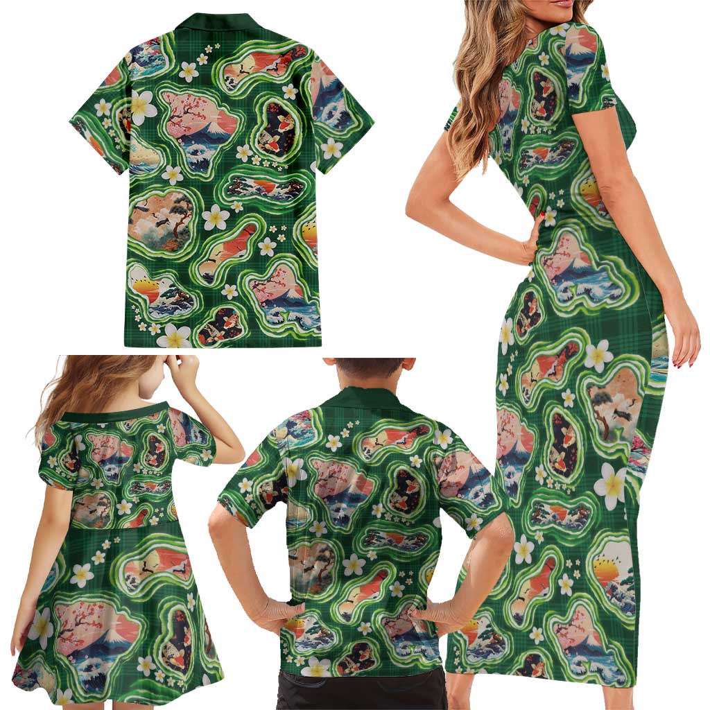 Hawaiian and Japanese Culture Together Family Matching Short Sleeve Bodycon Dress and Hawaiian Shirt Hawaiian Island Shapes with Japanese Landscape Green Color LT03 - Polynesian Pride