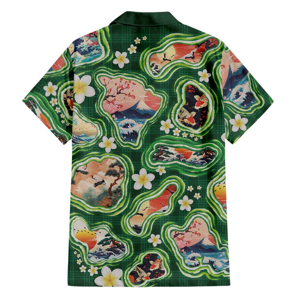 Hawaiian and Japanese Culture Together Family Matching Short Sleeve Bodycon Dress and Hawaiian Shirt Hawaiian Island Shapes with Japanese Landscape Green Color LT03 - Polynesian Pride