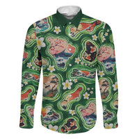 Hawaiian and Japanese Culture Together Family Matching Short Sleeve Bodycon Dress and Hawaiian Shirt Hawaiian Island Shapes with Japanese Landscape Green Color LT03 Dad's Shirt - Long Sleeve Green - Polynesian Pride