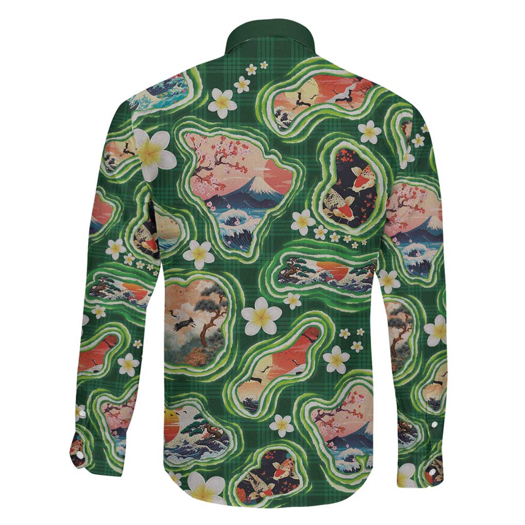 Hawaiian and Japanese Culture Together Family Matching Short Sleeve Bodycon Dress and Hawaiian Shirt Hawaiian Island Shapes with Japanese Landscape Green Color LT03 - Polynesian Pride