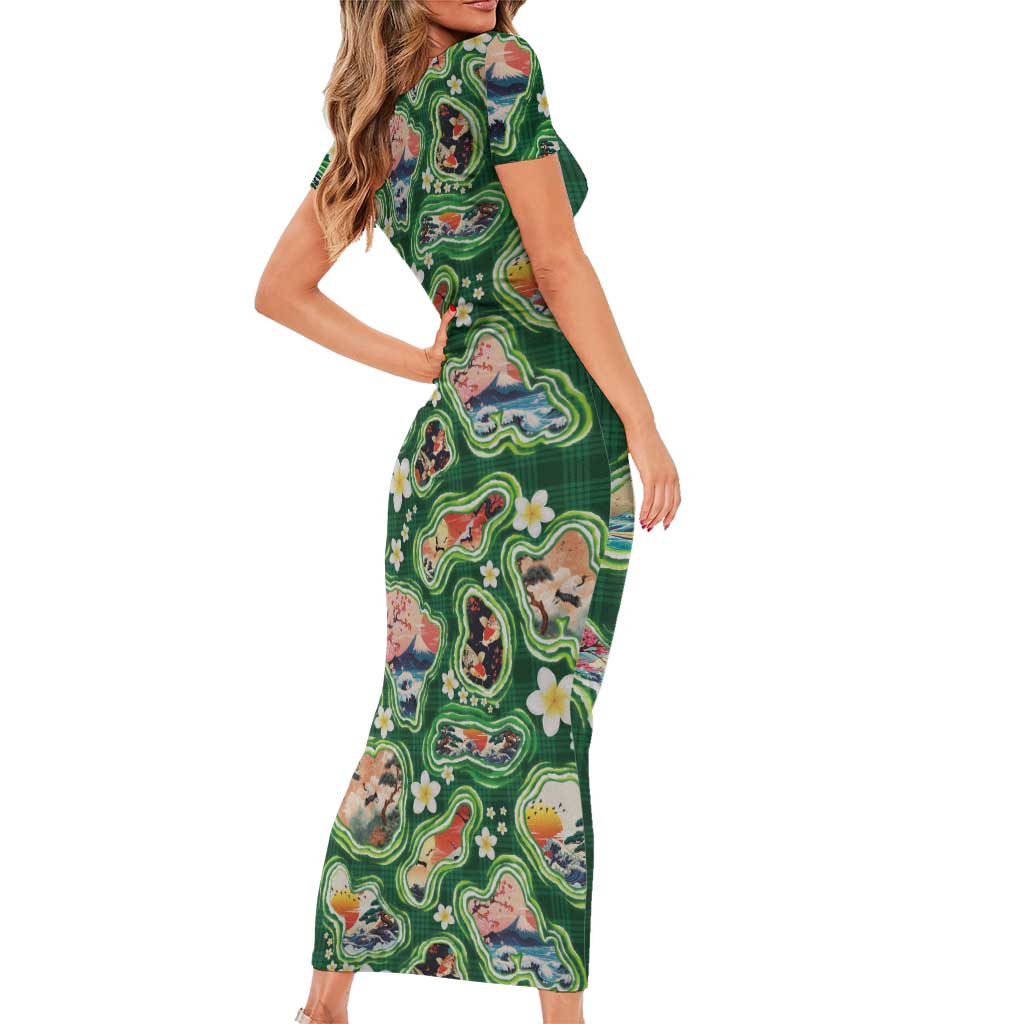 Hawaiian and Japanese Culture Together Family Matching Short Sleeve Bodycon Dress and Hawaiian Shirt Hawaiian Island Shapes with Japanese Landscape Green Color LT03 - Polynesian Pride