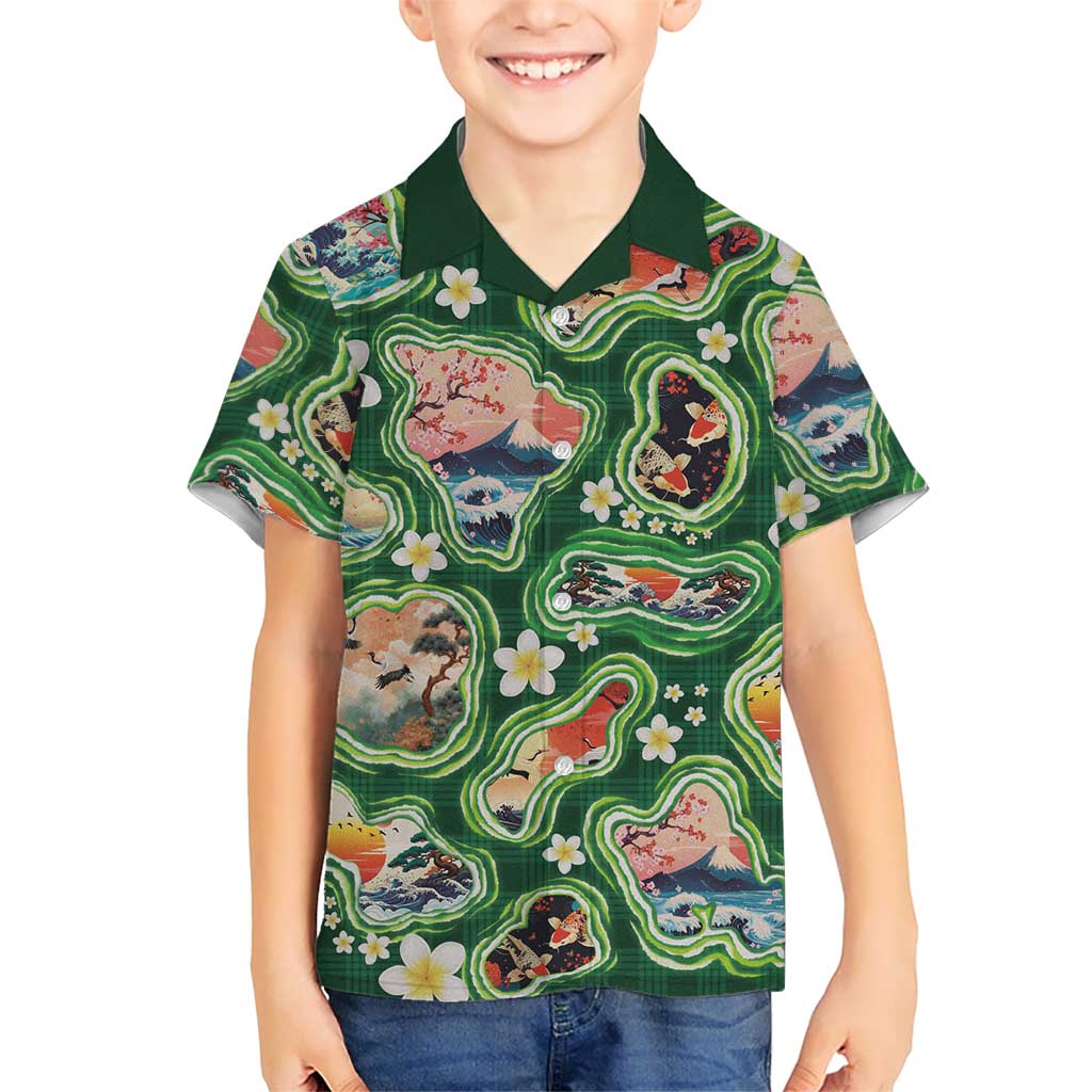 Hawaiian and Japanese Culture Together Family Matching Short Sleeve Bodycon Dress and Hawaiian Shirt Hawaiian Island Shapes with Japanese Landscape Green Color LT03 Son's Shirt Green - Polynesian Pride