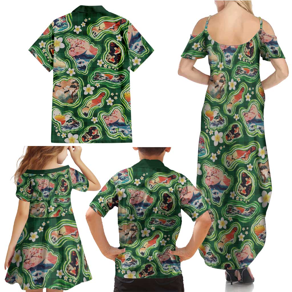 Hawaiian and Japanese Culture Together Family Matching Summer Maxi Dress and Hawaiian Shirt Hawaiian Island Shapes with Japanese Landscape Green Color LT03 - Polynesian Pride