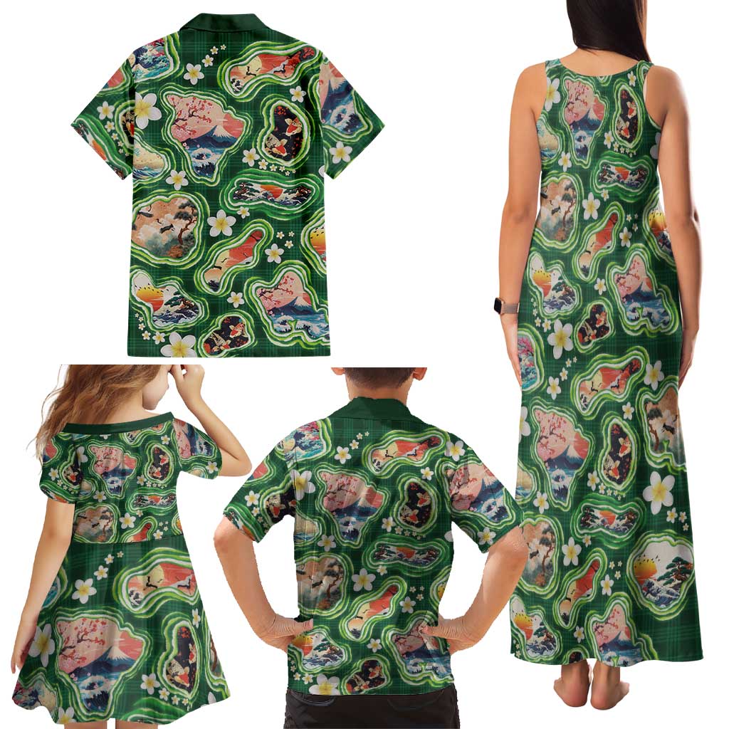 Hawaiian and Japanese Culture Together Family Matching Tank Maxi Dress and Hawaiian Shirt Hawaiian Island Shapes with Japanese Landscape Green Color LT03 - Polynesian Pride