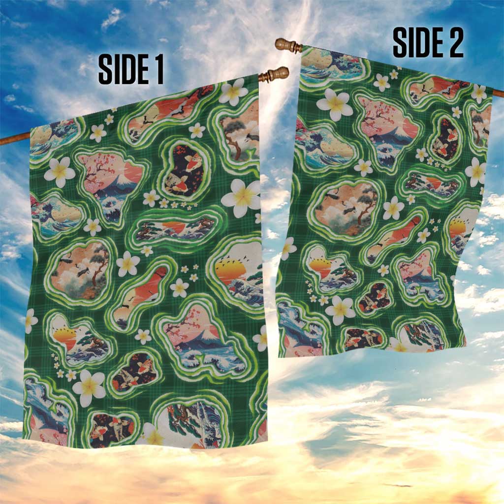 Hawaiian and Japanese Culture Together Garden Flag Hawaiian Island Shapes with Japanese Landscape Green Color LT03 - Polynesian Pride