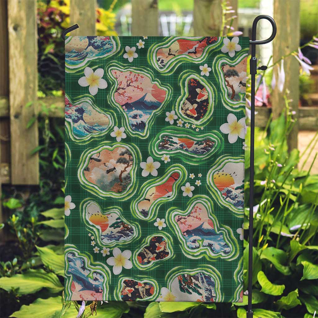 Hawaiian and Japanese Culture Together Garden Flag Hawaiian Island Shapes with Japanese Landscape Green Color LT03 Garden Flag Green - Polynesian Pride