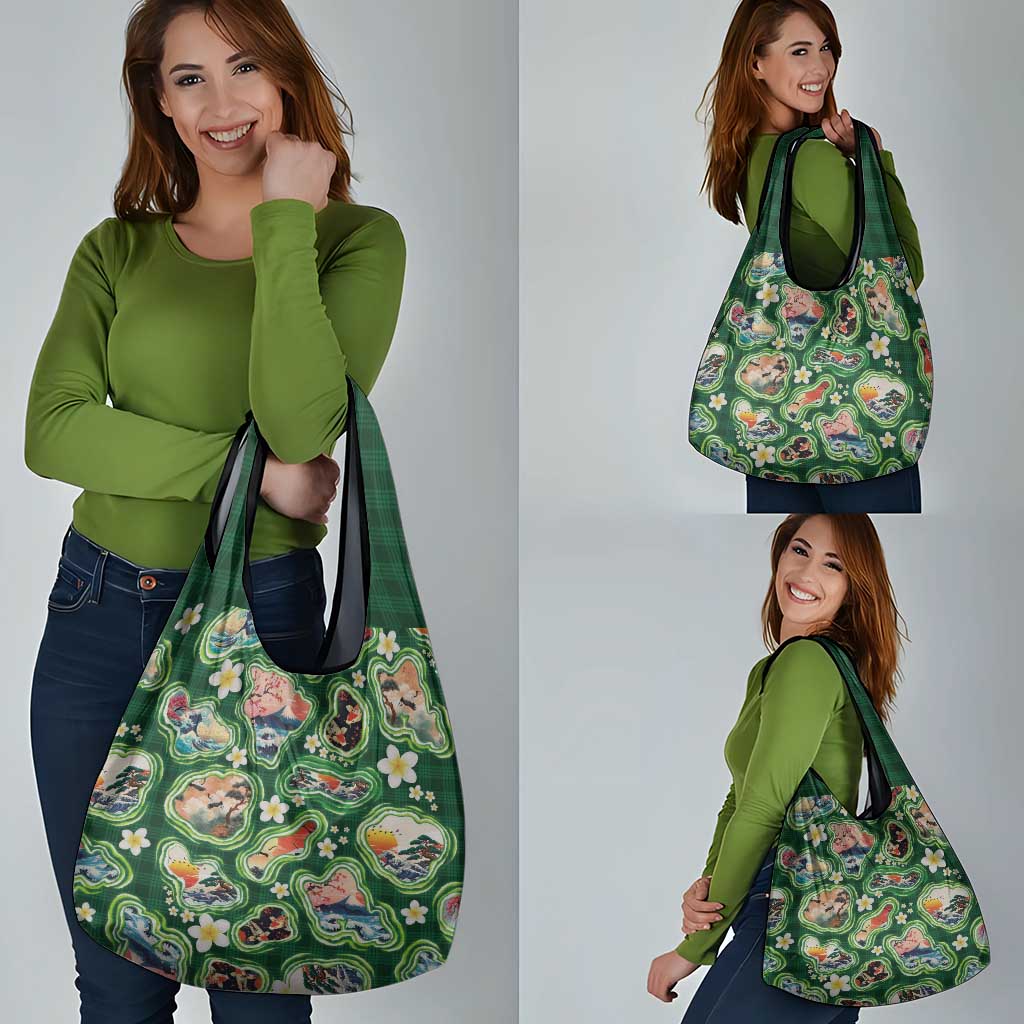 Hawaiian and Japanese Culture Together Grocery Bag Hawaiian Island Shapes with Japanese Landscape Green Color