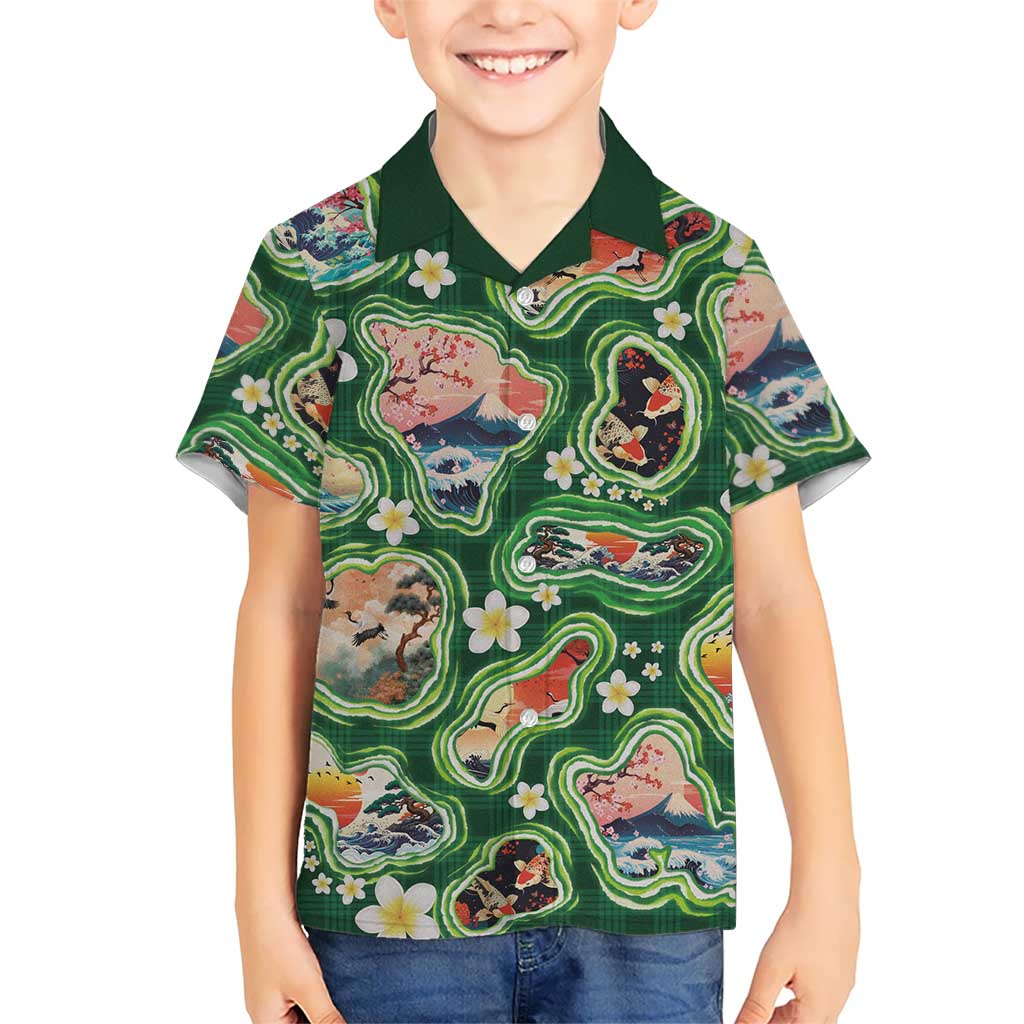Hawaiian and Japanese Culture Together Hawaiian Shirt Hawaiian Island Shapes with Japanese Landscape Green Color LT03 - Polynesian Pride