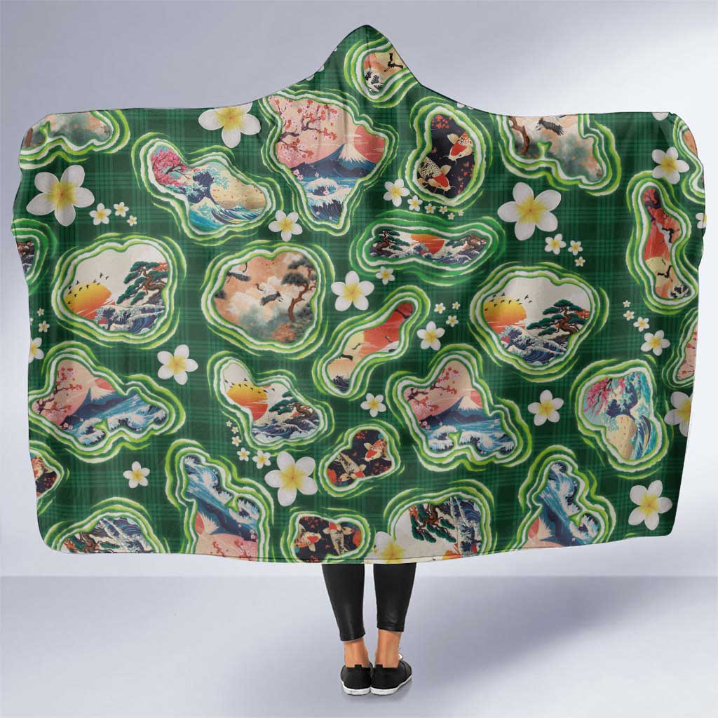Hawaiian and Japanese Culture Together Hooded Blanket Hawaiian Island Shapes with Japanese Landscape Green Color