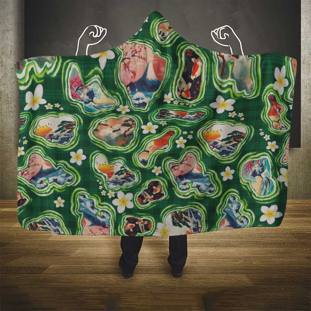 Hawaiian and Japanese Culture Together Hooded Blanket Hawaiian Island Shapes with Japanese Landscape Green Color LT03 - Polynesian Pride