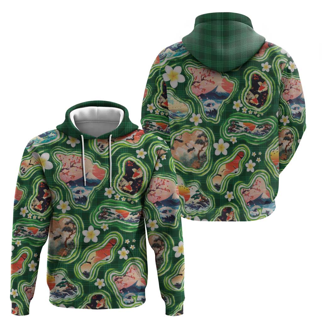 Hawaiian and Japanese Culture Together Hoodie Hawaiian Island Shapes with Japanese Landscape Green Color LT03 - Polynesian Pride