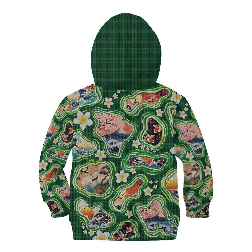 Hawaiian and Japanese Culture Together Kid Hoodie Hawaiian Island Shapes with Japanese Landscape Green Color LT03 - Polynesian Pride