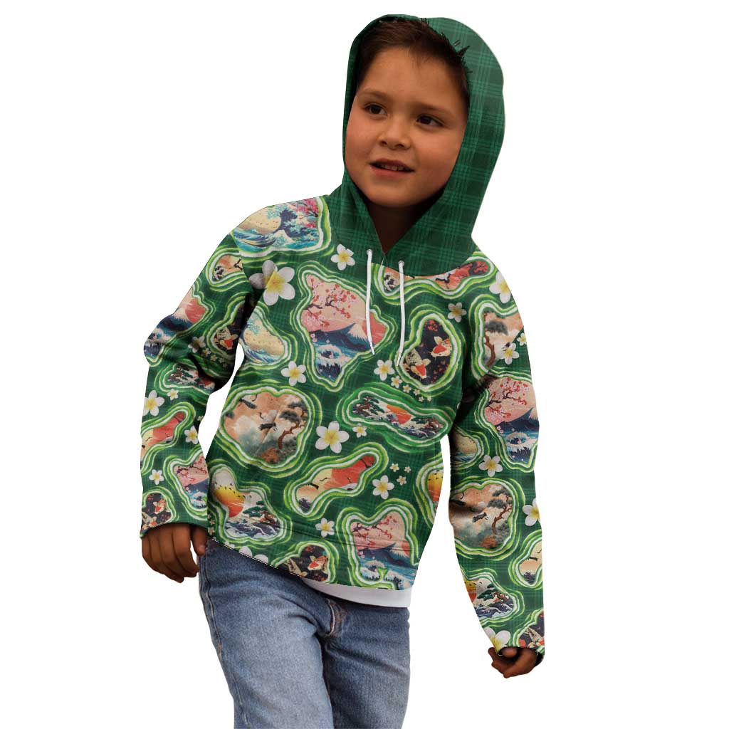 Hawaiian and Japanese Culture Together Kid Hoodie Hawaiian Island Shapes with Japanese Landscape Green Color LT03 - Polynesian Pride