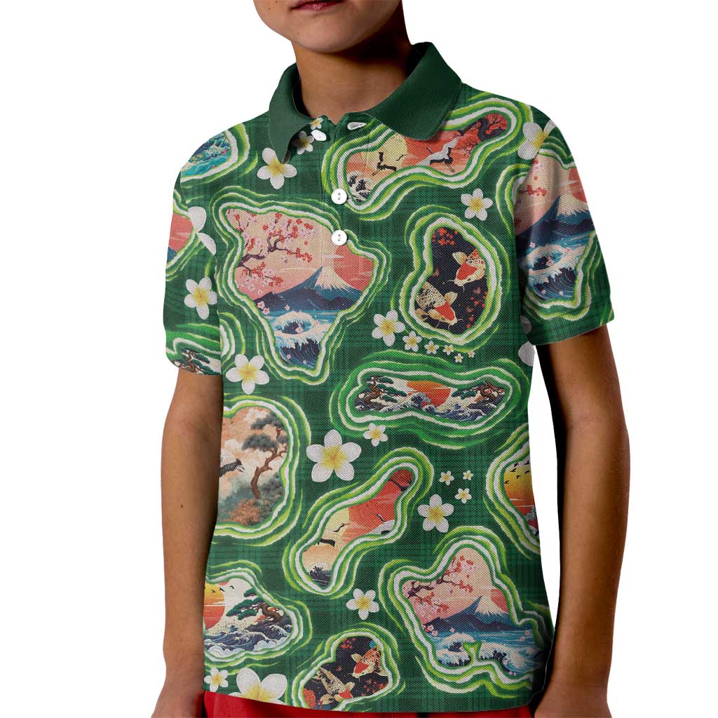 Hawaiian and Japanese Culture Together Kid Polo Shirt Hawaiian Island Shapes with Japanese Landscape Green Color LT03 Kid Green - Polynesian Pride