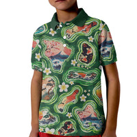 Hawaiian and Japanese Culture Together Kid Polo Shirt Hawaiian Island Shapes with Japanese Landscape Green Color LT03 Kid Green - Polynesian Pride