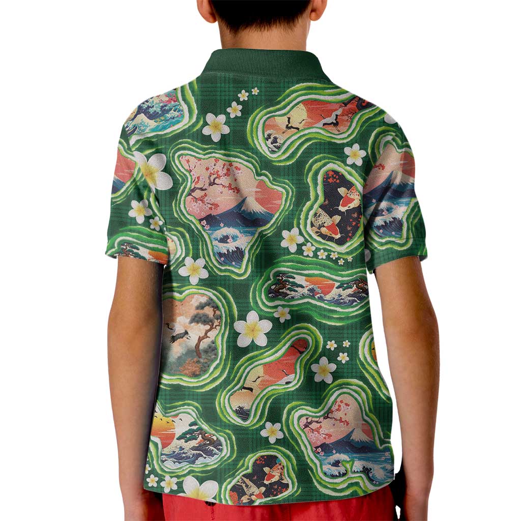 Hawaiian and Japanese Culture Together Kid Polo Shirt Hawaiian Island Shapes with Japanese Landscape Green Color LT03 - Polynesian Pride