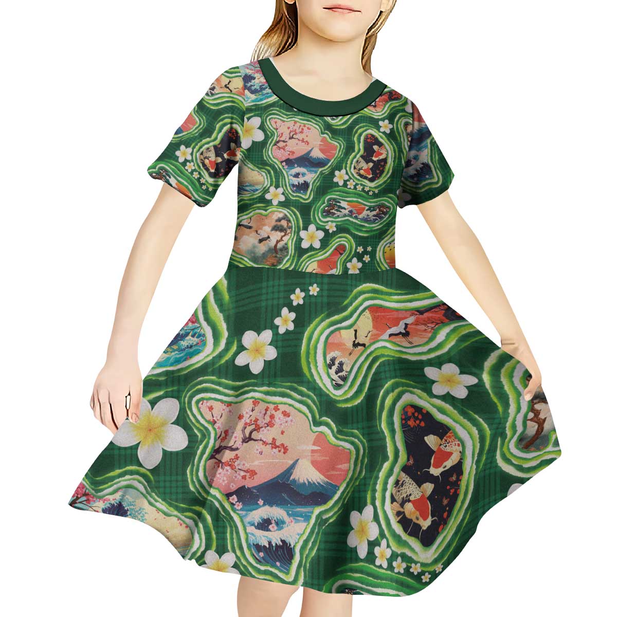 Hawaiian and Japanese Culture Together Kid Short Sleeve Dress Hawaiian Island Shapes with Japanese Landscape Green Color LT03 - Polynesian Pride