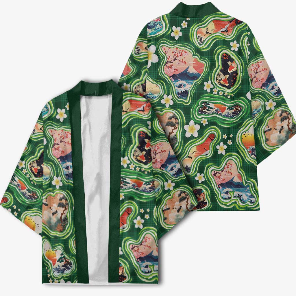 Hawaiian and Japanese Culture Together Kimono Hawaiian Island Shapes with Japanese Landscape Green Color LT03 - Polynesian Pride