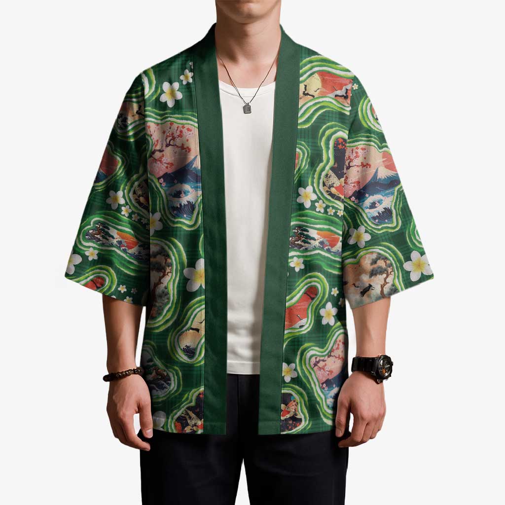 Hawaiian and Japanese Culture Together Kimono Hawaiian Island Shapes with Japanese Landscape Green Color LT03 - Polynesian Pride