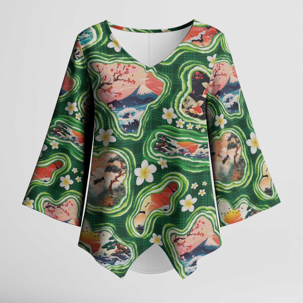 Hawaiian and Japanese Culture Together Kimono Sleeve Blouse Hawaiian Island Shapes with Japanese Landscape Green Color