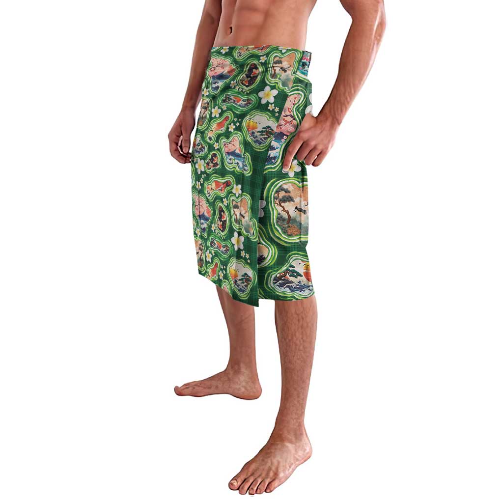 Hawaiian and Japanese Culture Together Lavalava Hawaiian Island Shapes with Japanese Landscape Green Color LT03 - Polynesian Pride