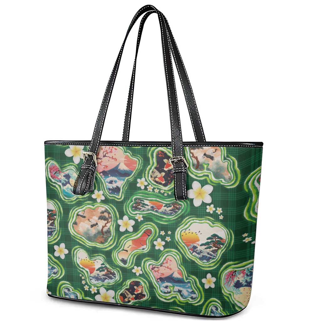 Hawaiian and Japanese Culture Together Leather Tote Bag Hawaiian Island Shapes with Japanese Landscape Green Color LT03 - Polynesian Pride