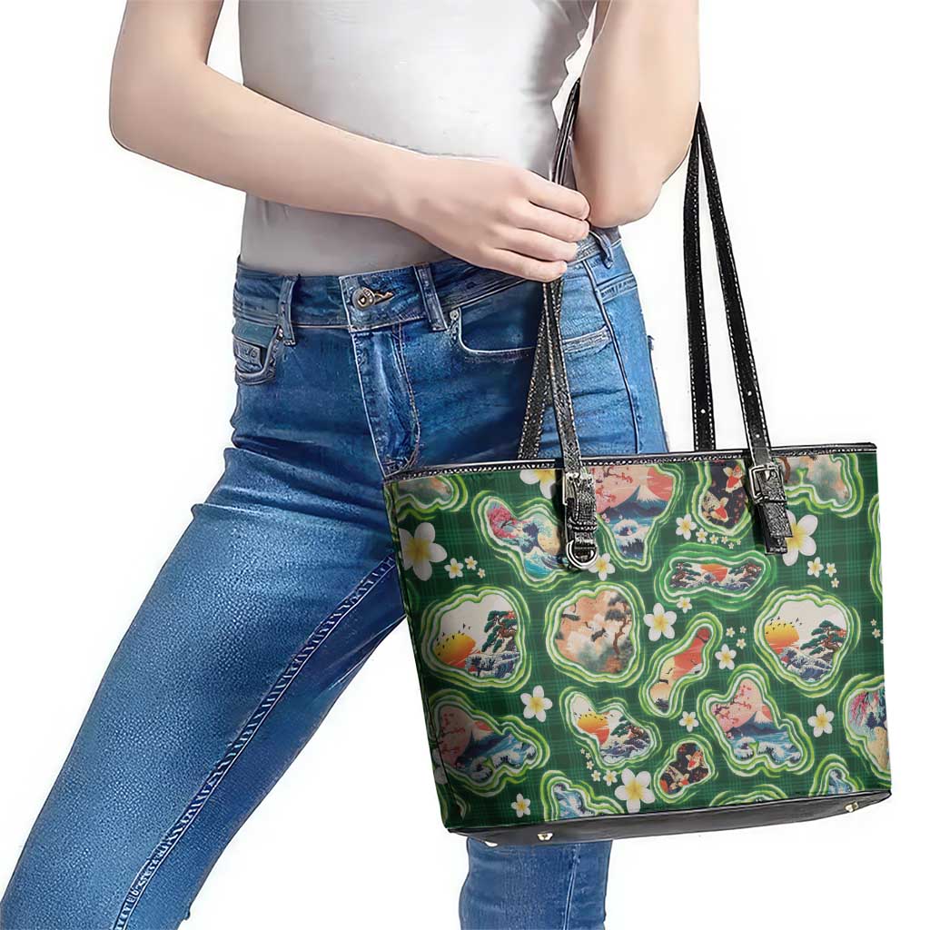 Hawaiian and Japanese Culture Together Leather Tote Bag Hawaiian Island Shapes with Japanese Landscape Green Color LT03 - Polynesian Pride