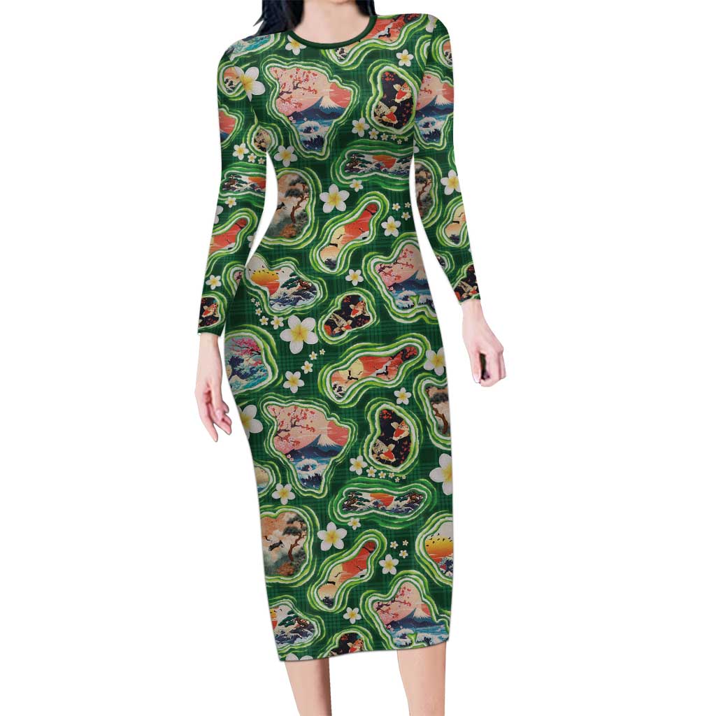 Hawaiian and Japanese Culture Together Long Sleeve Bodycon Dress Hawaiian Island Shapes with Japanese Landscape Green Color LT03 Long Dress Green - Polynesian Pride