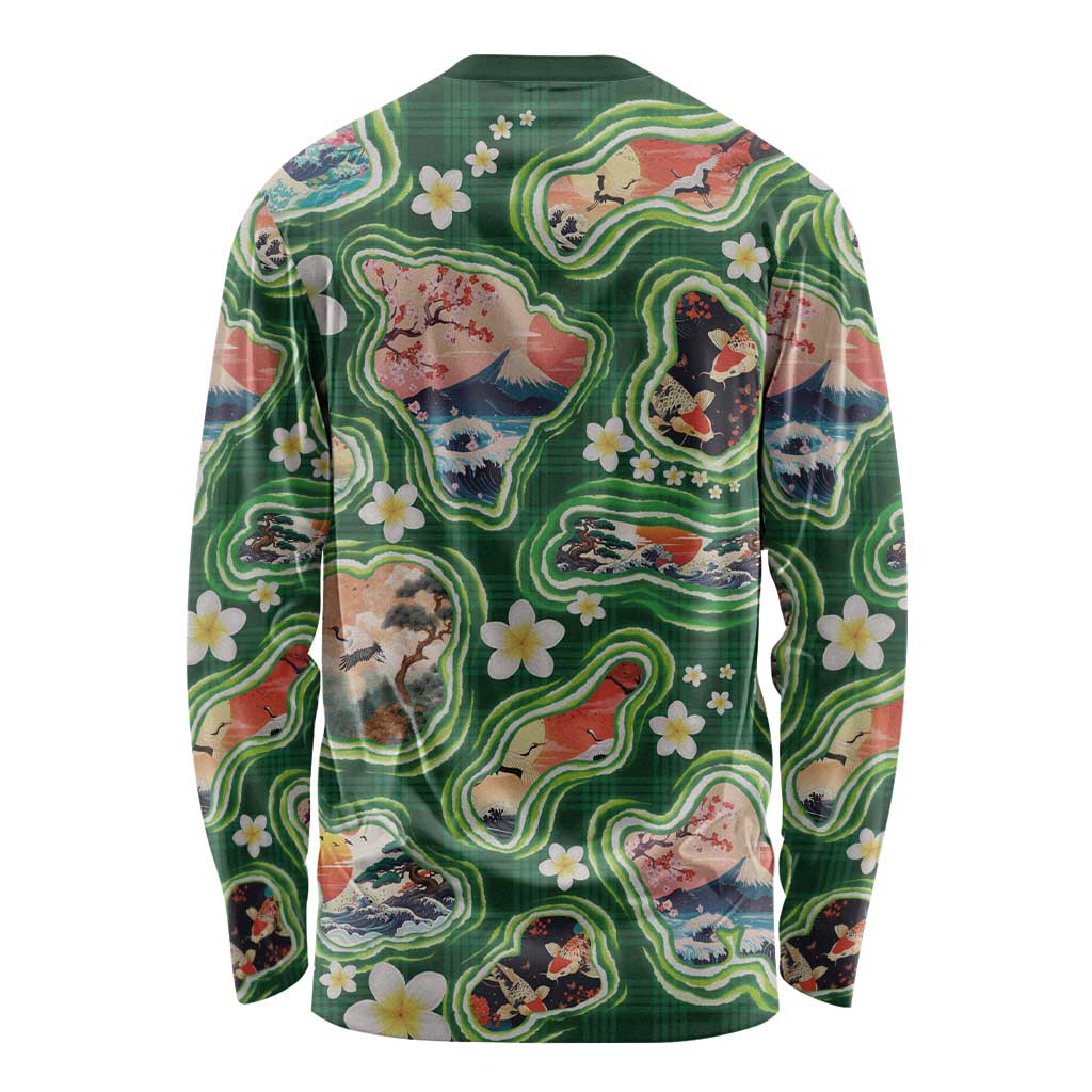 Hawaiian and Japanese Culture Together Long Sleeve Shirt Hawaiian Island Shapes with Japanese Landscape Green Color LT03 - Polynesian Pride