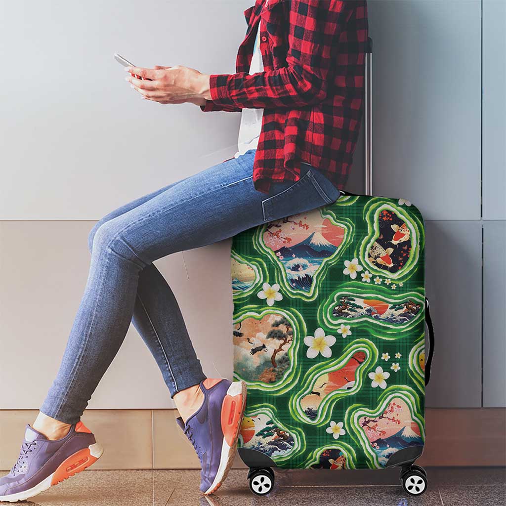 Hawaiian and Japanese Culture Together Luggage Cover Hawaiian Island Shapes with Japanese Landscape Green Color LT03 - Polynesian Pride