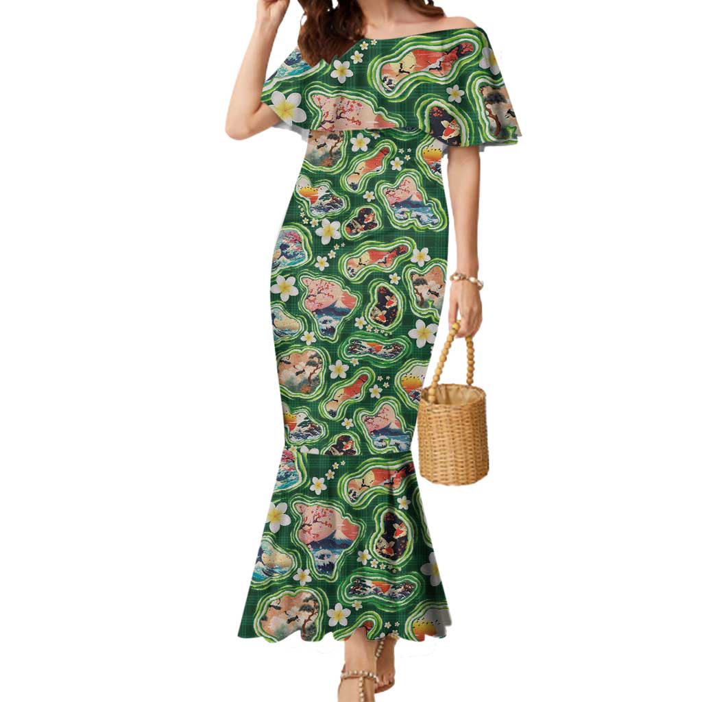Hawaiian and Japanese Culture Together Mermaid Dress Hawaiian Island Shapes with Japanese Landscape Green Color LT03 Women Green - Polynesian Pride