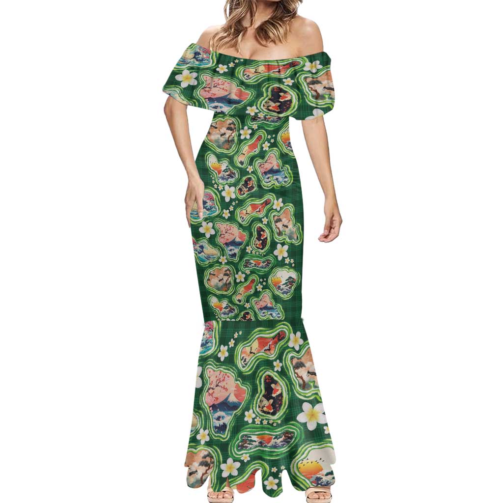Hawaiian and Japanese Culture Together Mermaid Dress Hawaiian Island Shapes with Japanese Landscape Green Color LT03 - Polynesian Pride