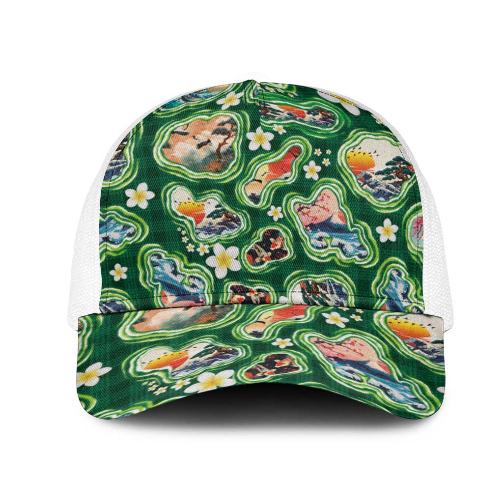 Hawaiian and Japanese Culture Together Mesh Trucker Cap Hawaiian Island Shapes with Japanese Landscape Green Color