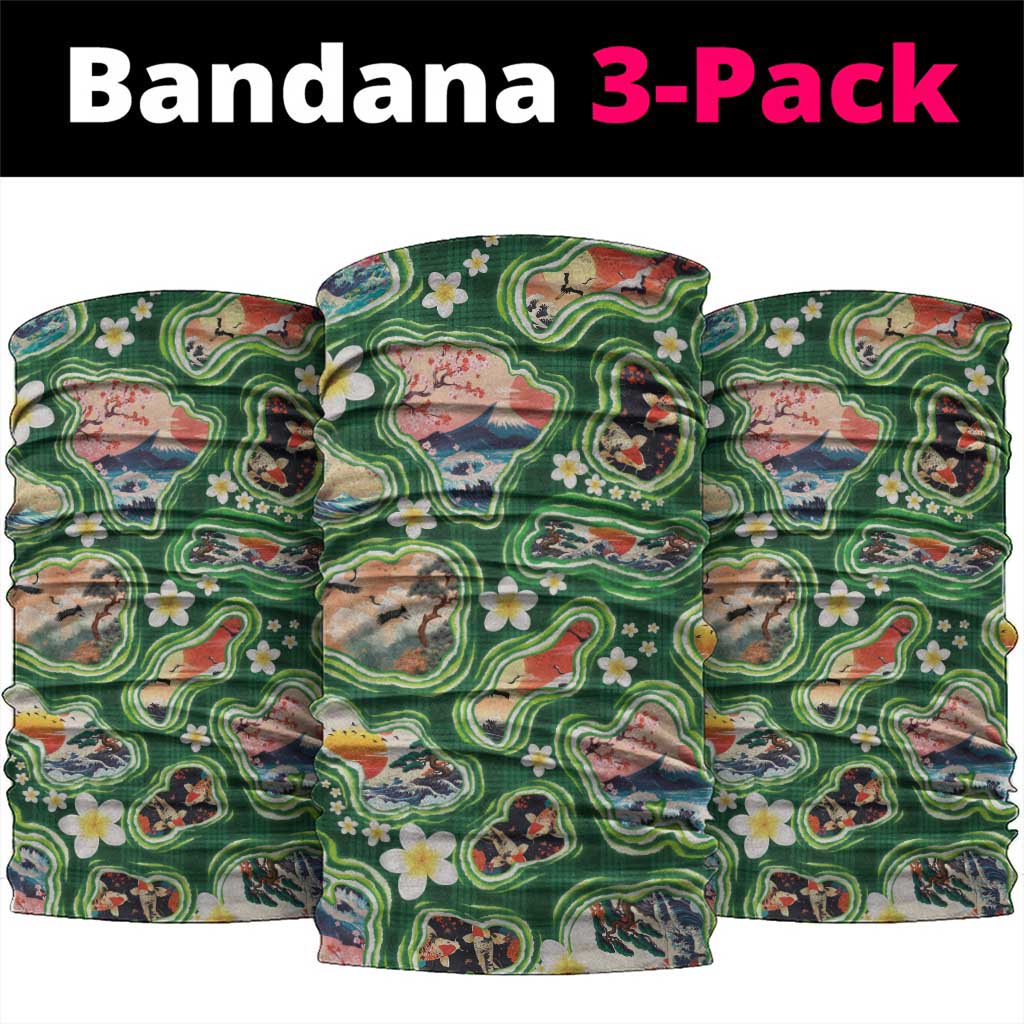 Hawaiian and Japanese Culture Together Neck Gaiter Hawaiian Island Shapes with Japanese Landscape Green Color