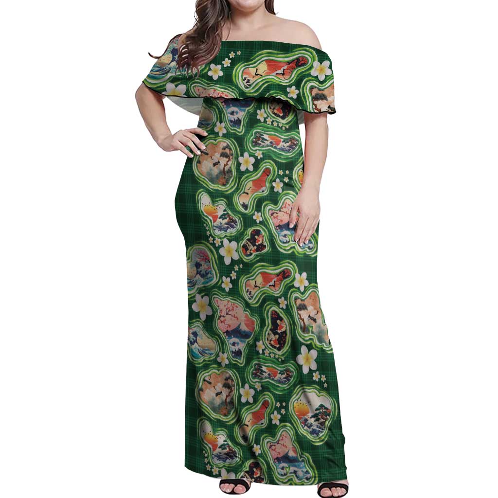 Hawaiian and Japanese Culture Together Off Shoulder Maxi Dress Hawaiian Island Shapes with Japanese Landscape Green Color LT03 Women Green - Polynesian Pride