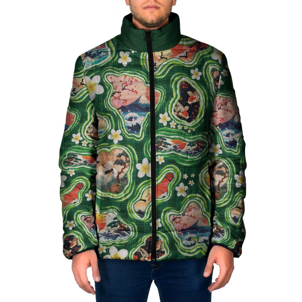Hawaiian and Japanese Culture Together Padded Jacket Hawaiian Island Shapes with Japanese Landscape Green Color LT03 Men Green - Polynesian Pride