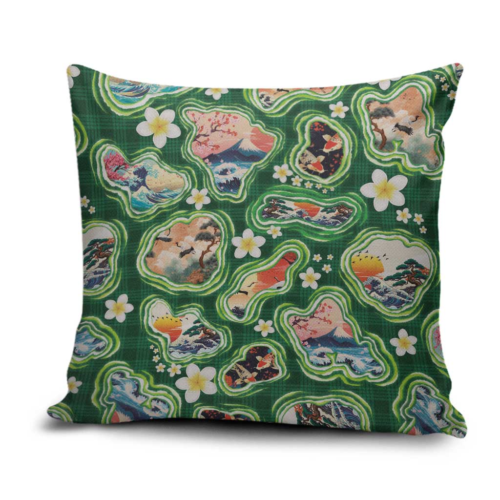 Hawaiian and Japanese Culture Together Pillow Cover Hawaiian Island Shapes with Japanese Landscape Green Color