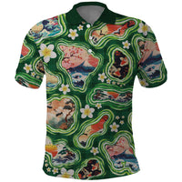 Hawaiian and Japanese Culture Together Polo Shirt Hawaiian Island Shapes with Japanese Landscape Green Color LT03 Green - Polynesian Pride