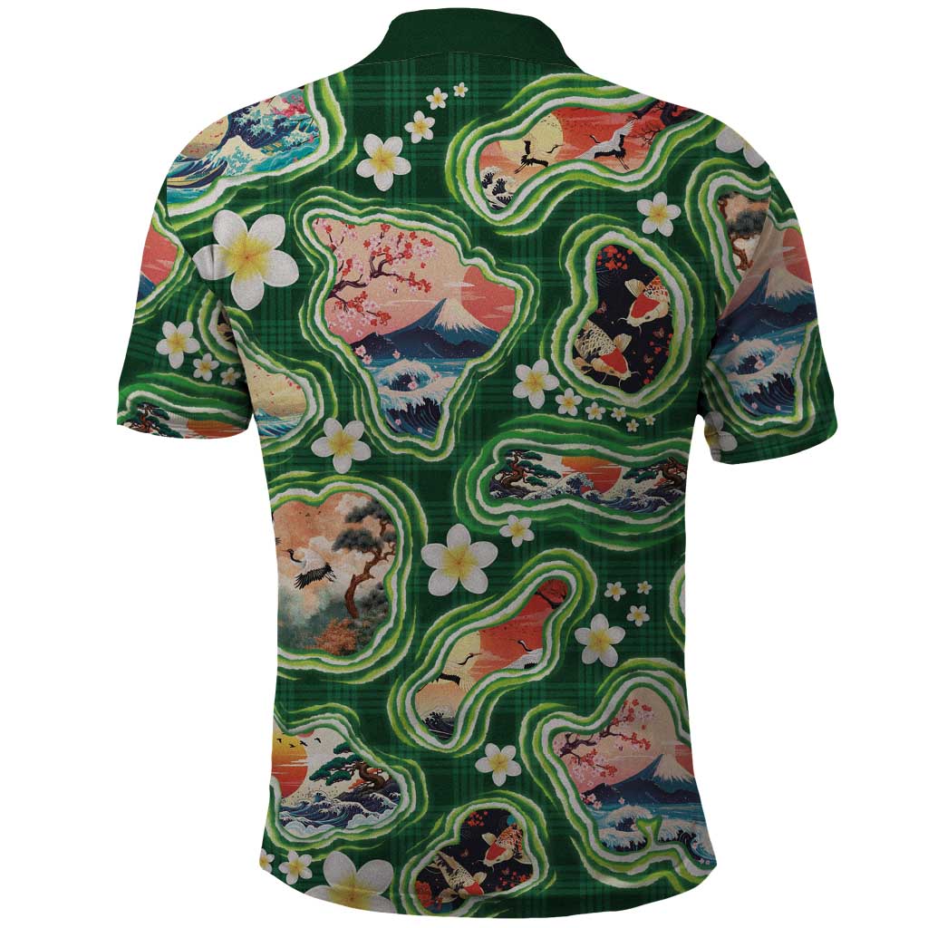 Hawaiian and Japanese Culture Together Polo Shirt Hawaiian Island Shapes with Japanese Landscape Green Color LT03 - Polynesian Pride