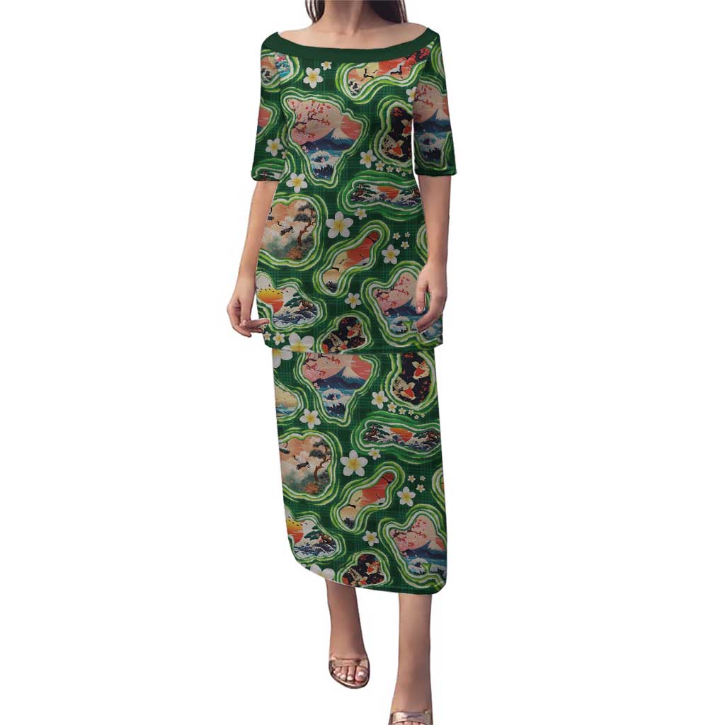 Hawaiian and Japanese Culture Together Puletasi Hawaiian Island Shapes with Japanese Landscape Green Color