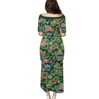 Hawaiian and Japanese Culture Together Puletasi Hawaiian Island Shapes with Japanese Landscape Green Color LT03 - Polynesian Pride