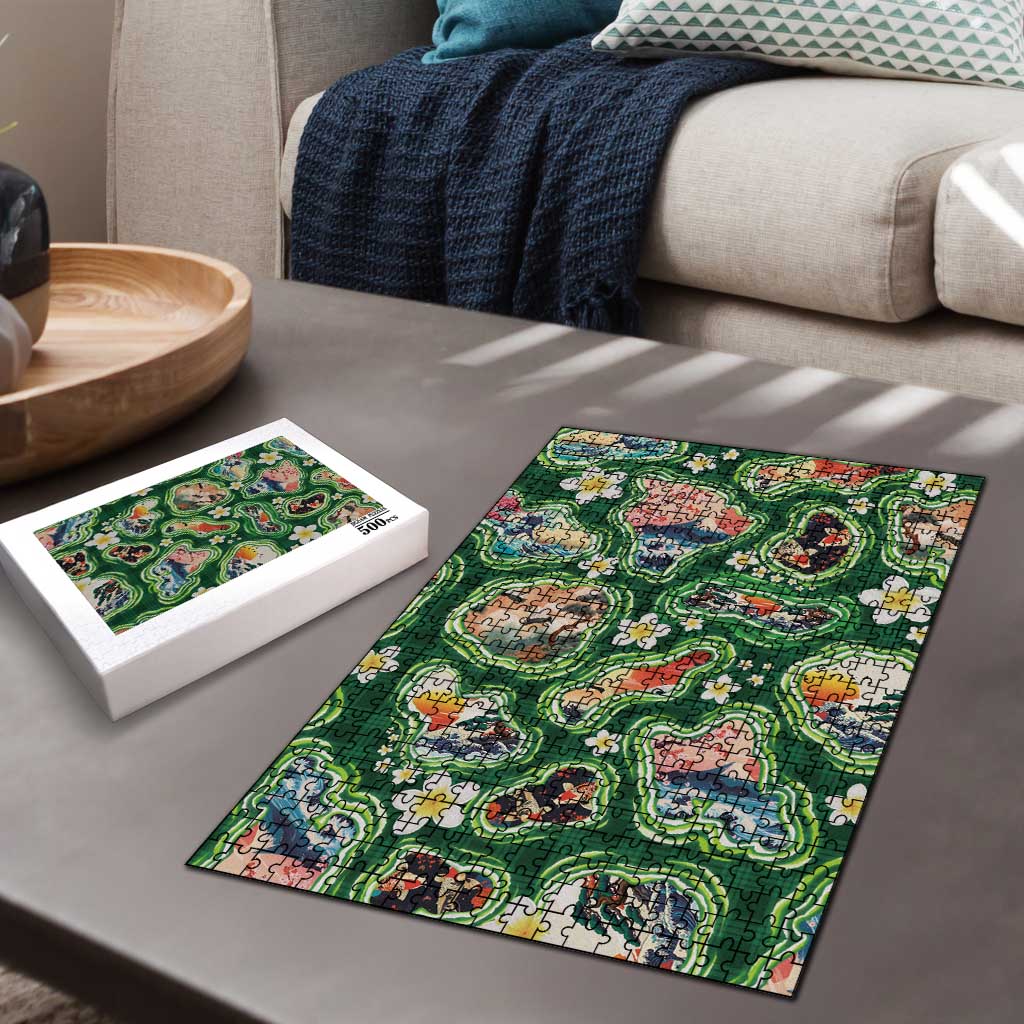 Hawaiian and Japanese Culture Together Puzzle Hawaiian Island Shapes with Japanese Landscape Green Color LT03 - Polynesian Pride