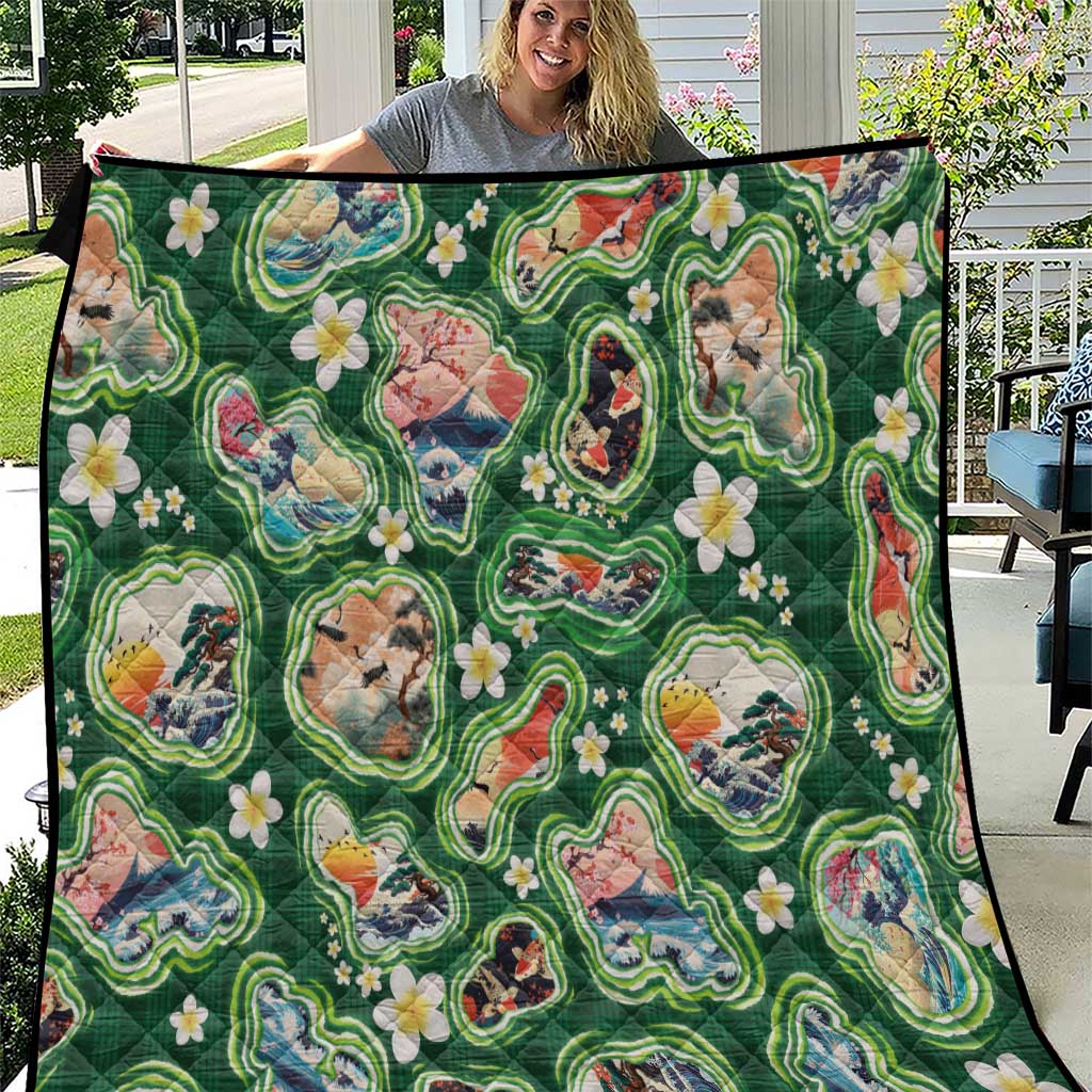 Hawaiian and Japanese Culture Together Quilt Hawaiian Island Shapes with Japanese Landscape Green Color LT03 Green - Polynesian Pride