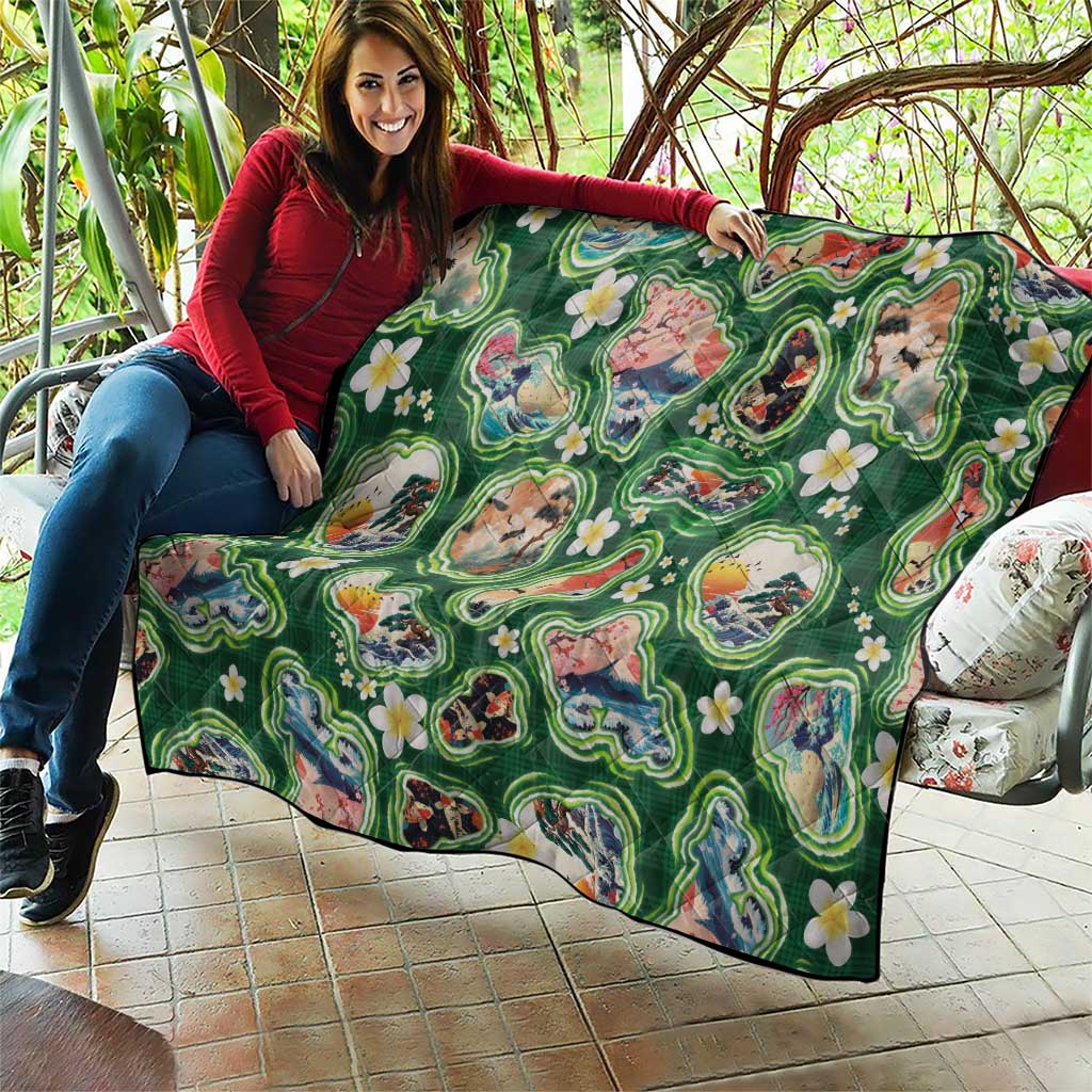 Hawaiian and Japanese Culture Together Quilt Hawaiian Island Shapes with Japanese Landscape Green Color LT03 - Polynesian Pride