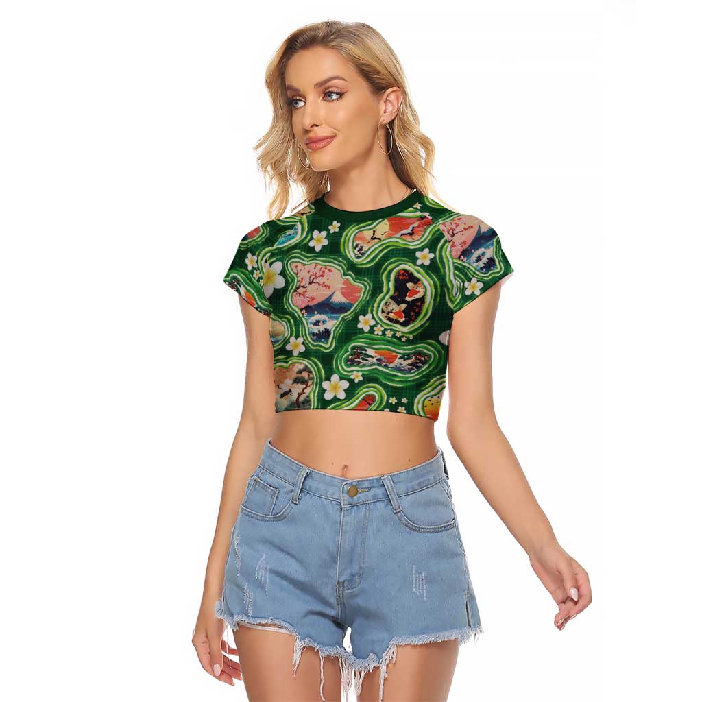 Hawaiian and Japanese Culture Together Raglan Cropped T Shirt Hawaiian Island Shapes with Japanese Landscape Green Color LT03 Female Green - Polynesian Pride