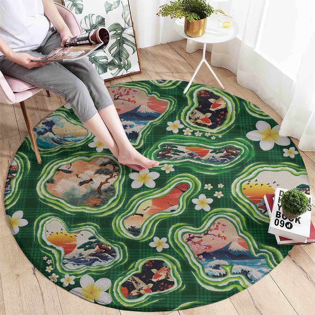 Hawaiian and Japanese Culture Together Round Carpet Hawaiian Island Shapes with Japanese Landscape Green Color LT03 - Polynesian Pride